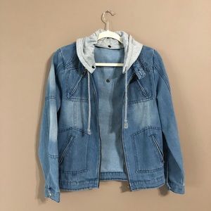 Size S denim zip up jacket with sweatshirt hood
